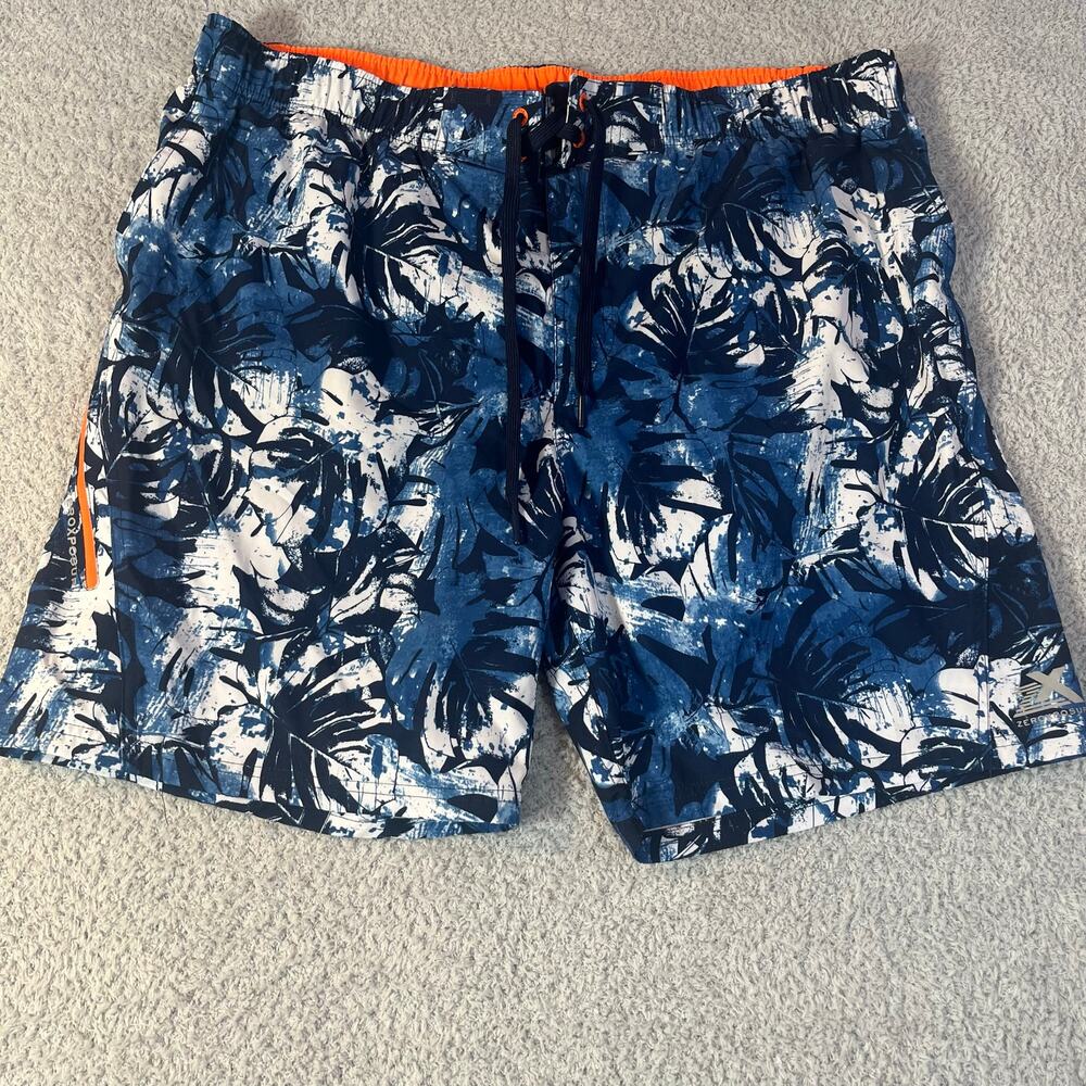 Zeroxposur men’s swim trunks size XXL navy and white zipper pockets leaf print